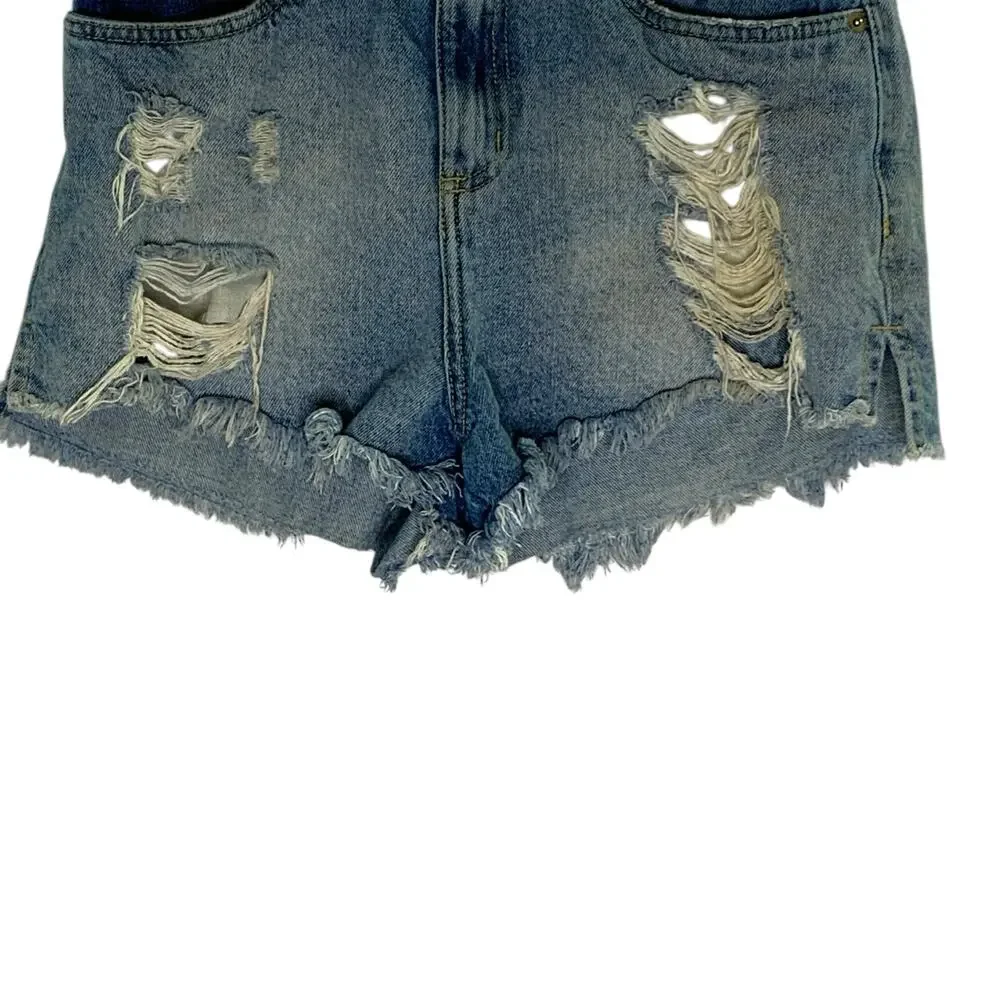 Farm Rio S Womens Distressed Cut Off Denim Short One Back Pocket Boho Coastal